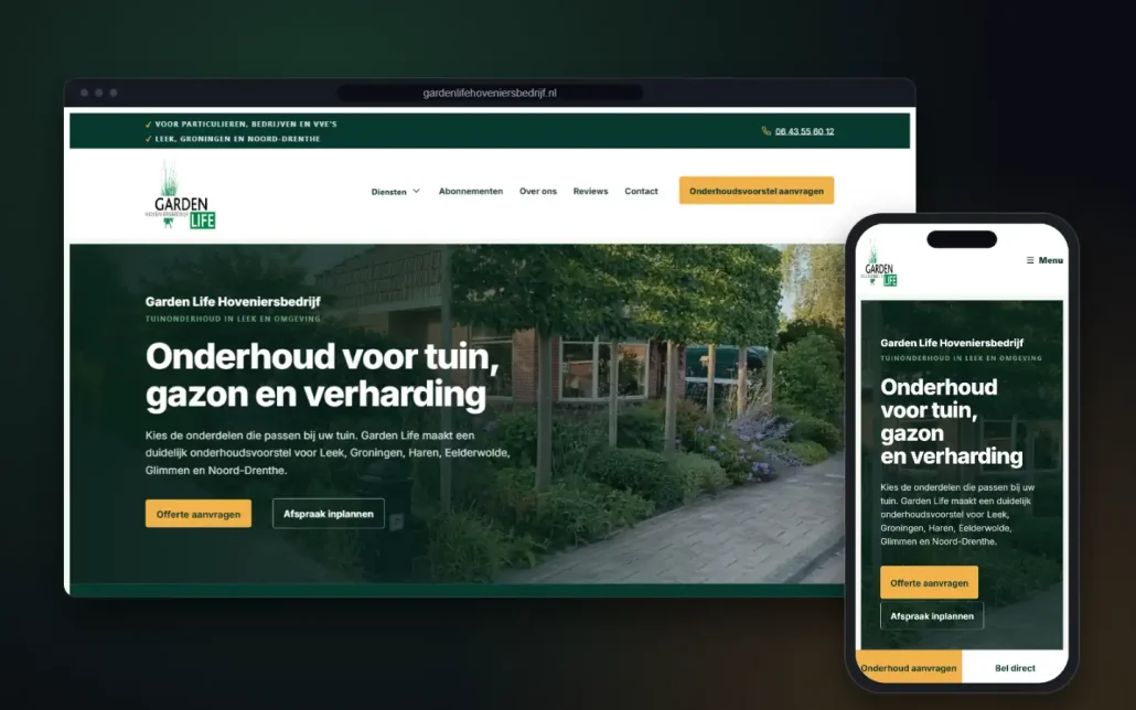 Mockup van de website van Garden Life Hoveniersbedrijf op laptop en telefoon