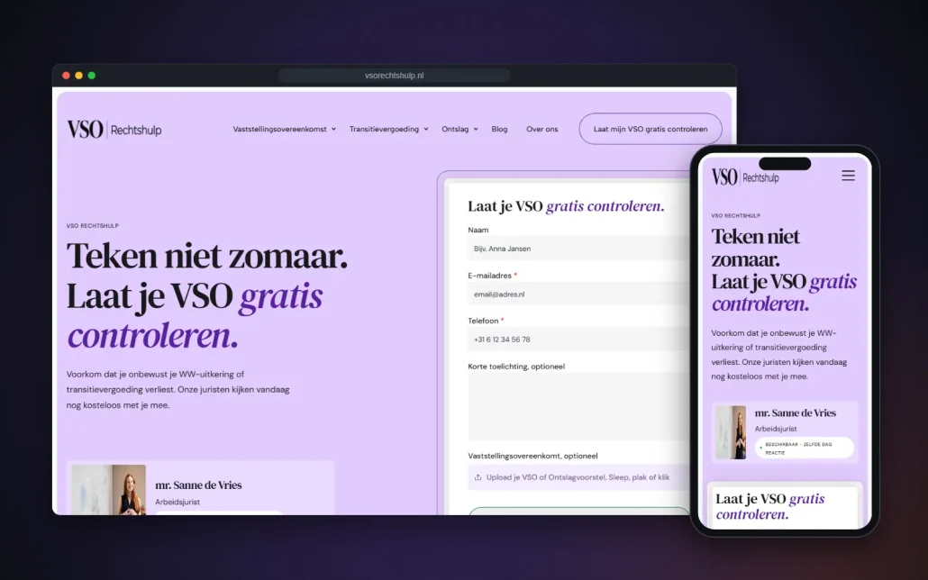 Mockup van de website van VSO Rechtshulp op laptop en telefoon