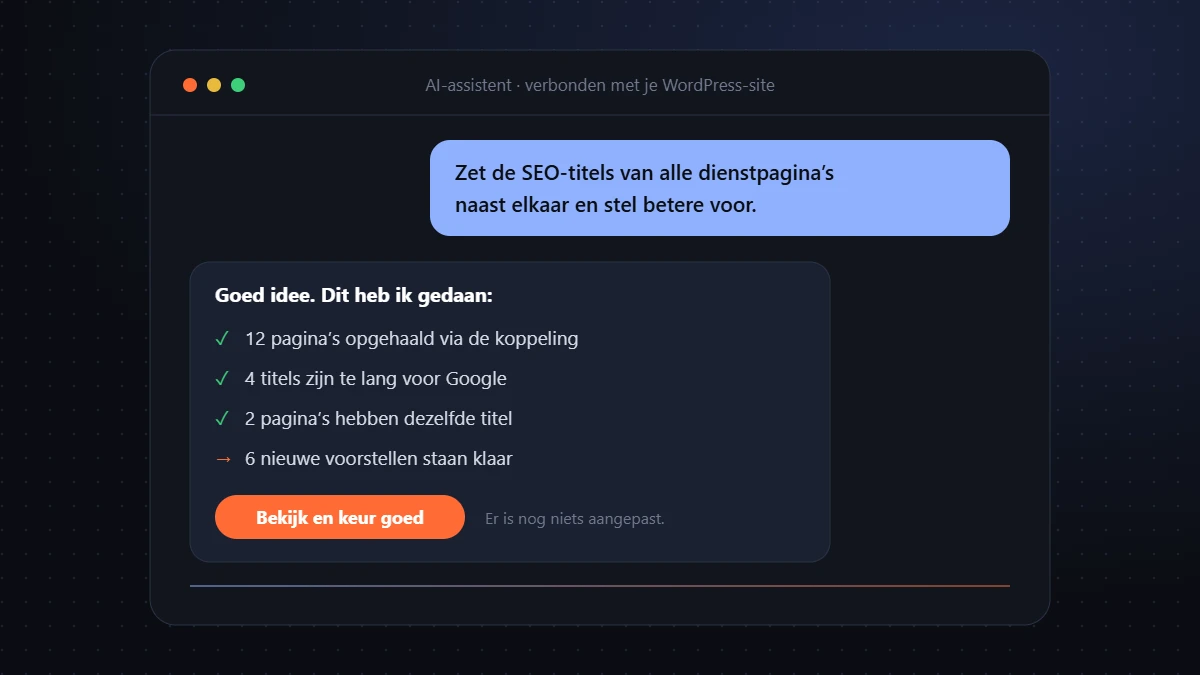 Voorbeeld: een AI-assistent haalt via MCP de SEO-titels van een WordPress-site op en doet voorstellen